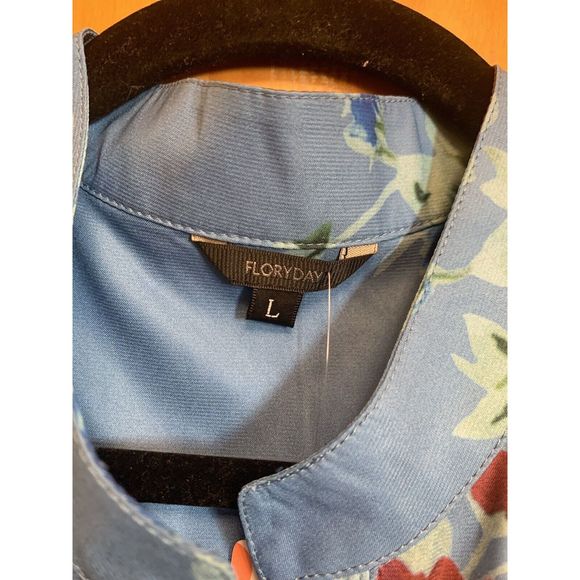 FloryDay Women’s Large Floral Print  Long Sleeve Button-Up Blue  Shirt - Picture 3 of 12
